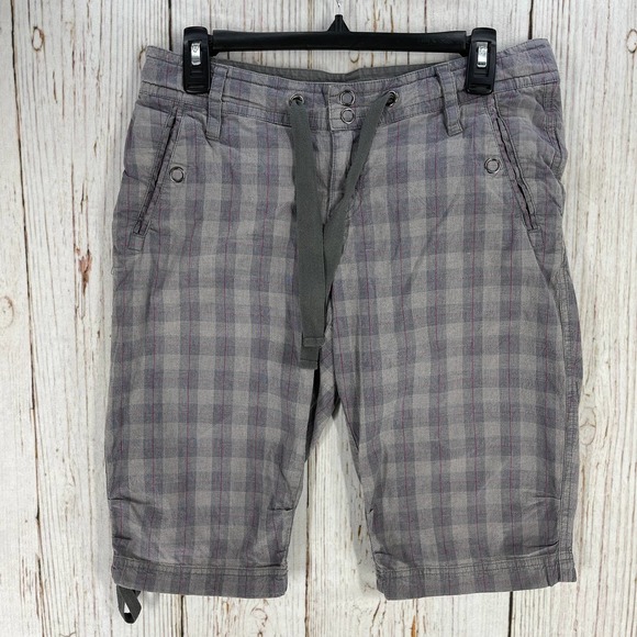 prAna Shorts Women Size 6 Purple Pink Plaid Organic Cotton